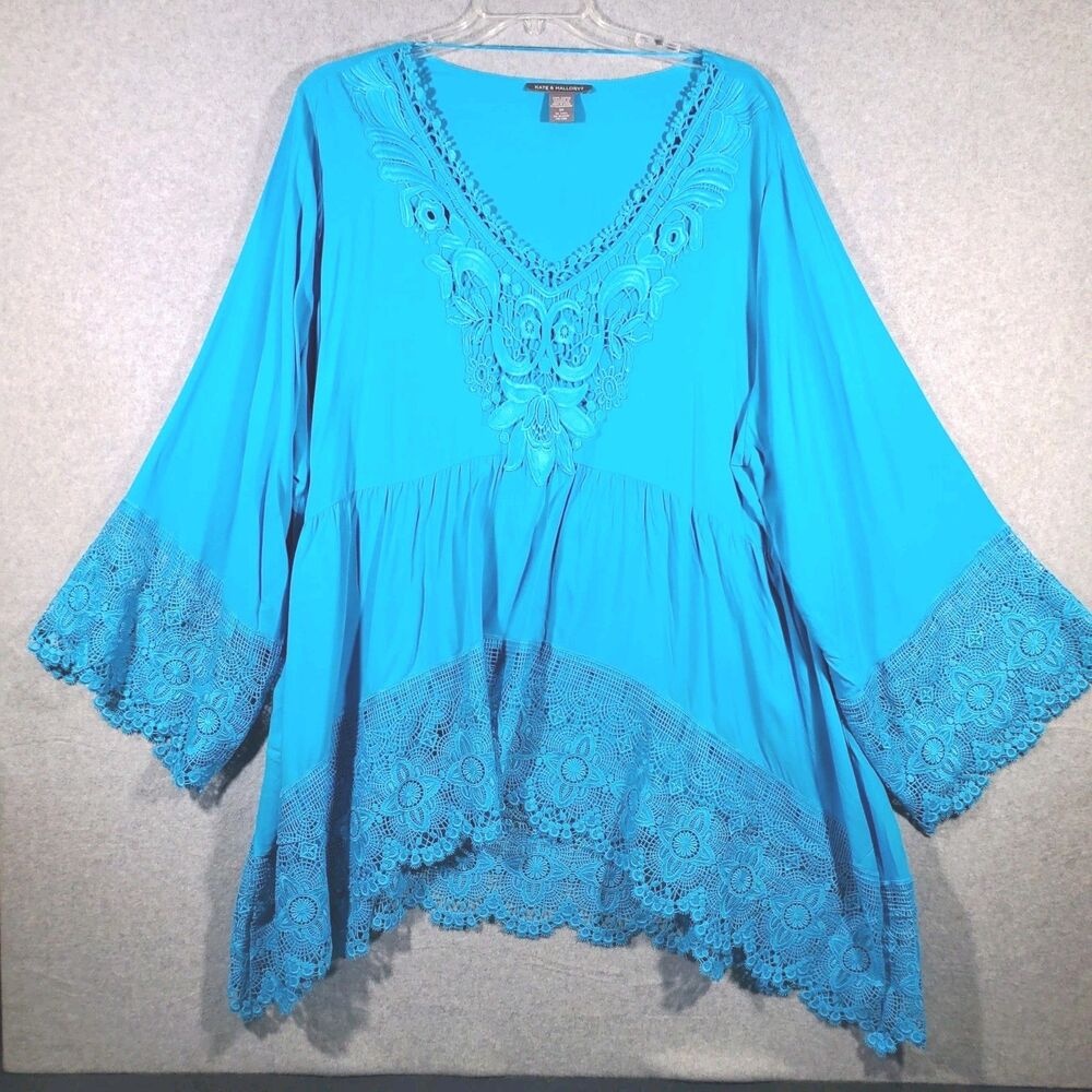 Kate Mallory Blue Crochet Lace Sharkbite Boho Hippie Tunic Blouse Top Size 3X